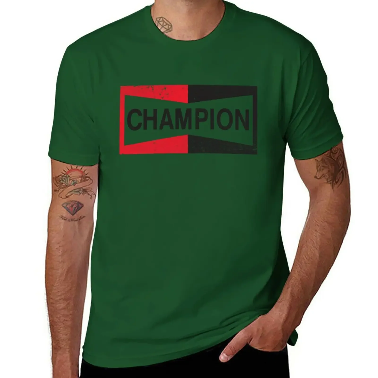 Summer Tops Tee Shirt Short Sleeve Fitted T Shirts for Men New CHAMPION - Spark Plug Retro Distressed Emblem - Cl T-Shirt Cotton