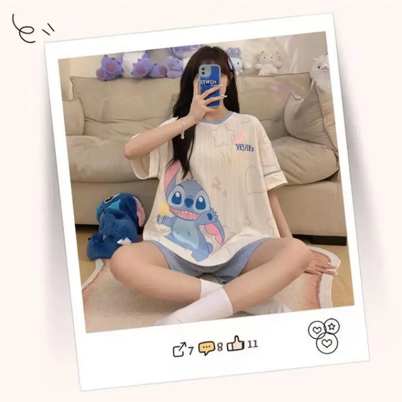 Sell Like Hot Cakes Disney Stitch Summer Short-Sleeved 2024 New Cartoon Cute Stitch Girls Comfortable Home Service Pajamas Suit