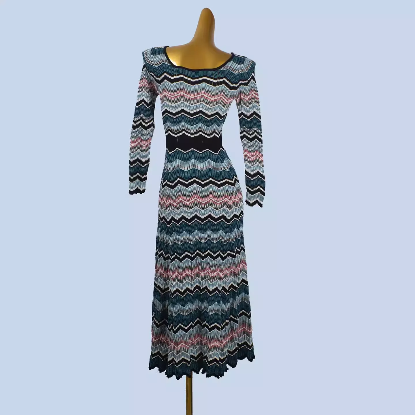Micosoni High-Quality Bohemian Color Block Wave Stripe Slimming Long Sleeve A-Line Maxi Dress with Beaded Knit for Women