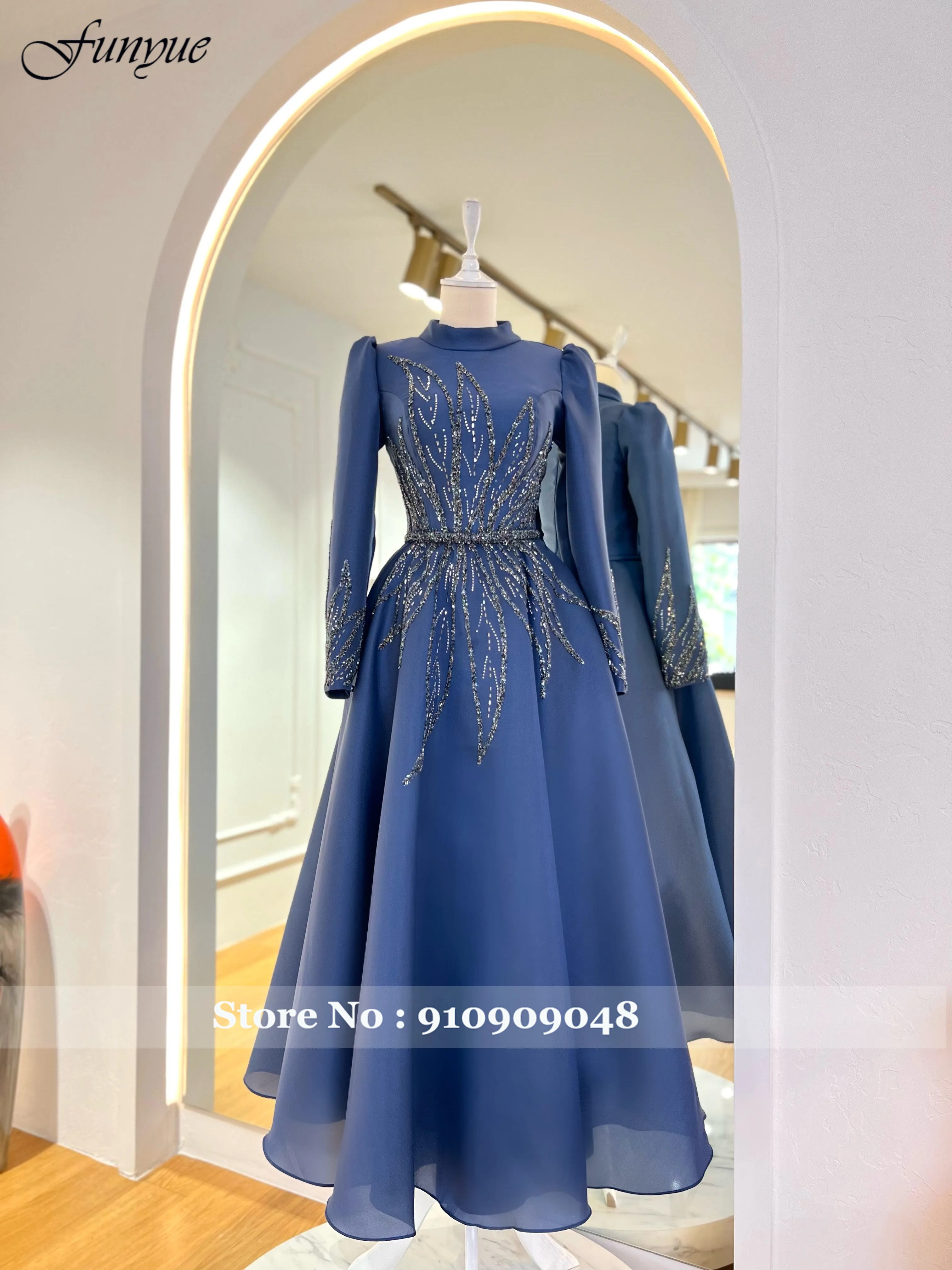 Funyue A-Line Champagne Muslim Prom Dresses Elegant Organza Beading High Neck Dubai Formal Dress Tea Length Evening Gown 2024