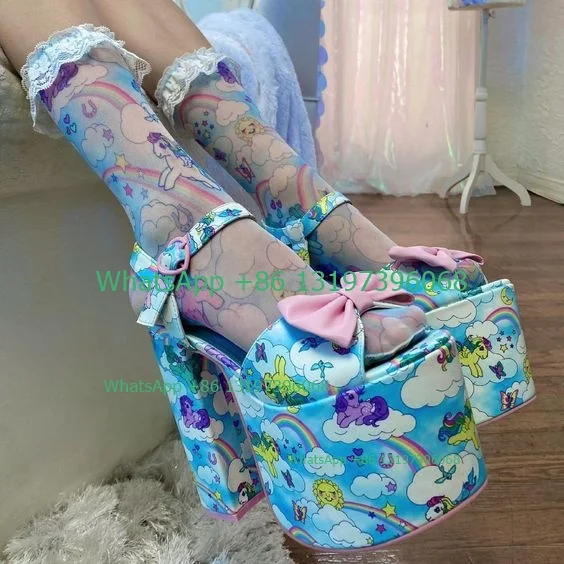 Lady cute print platform sandals pink bow tie design high heels peep toe dress summer Mary Janes shoes footwear large size