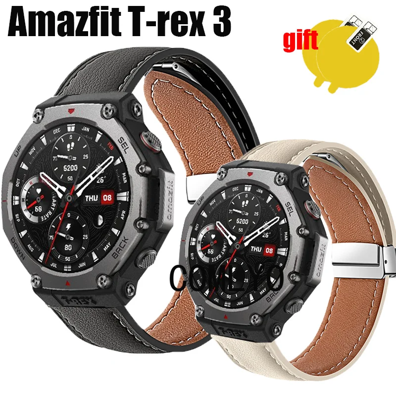 For ​Amazfit T-REX 3 Strap Leather Genuine Folding Magnetic Buckle Soft SmartWatch Women men Band Screen Protector Film