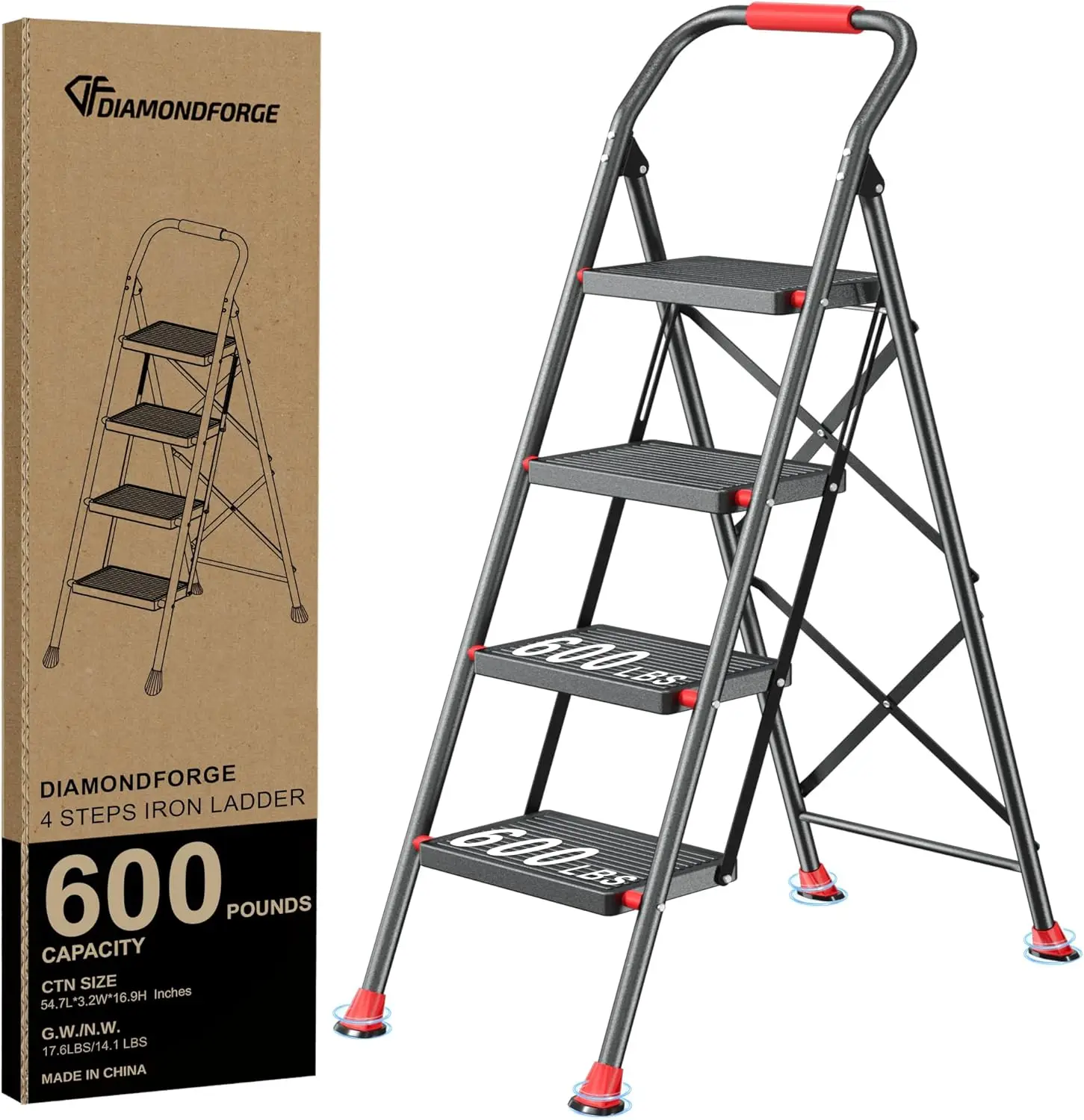 

Foldable 4-Step Ladder with Handrails, Heavy Duty 600Lbs Capacity for Home Kitchen Use