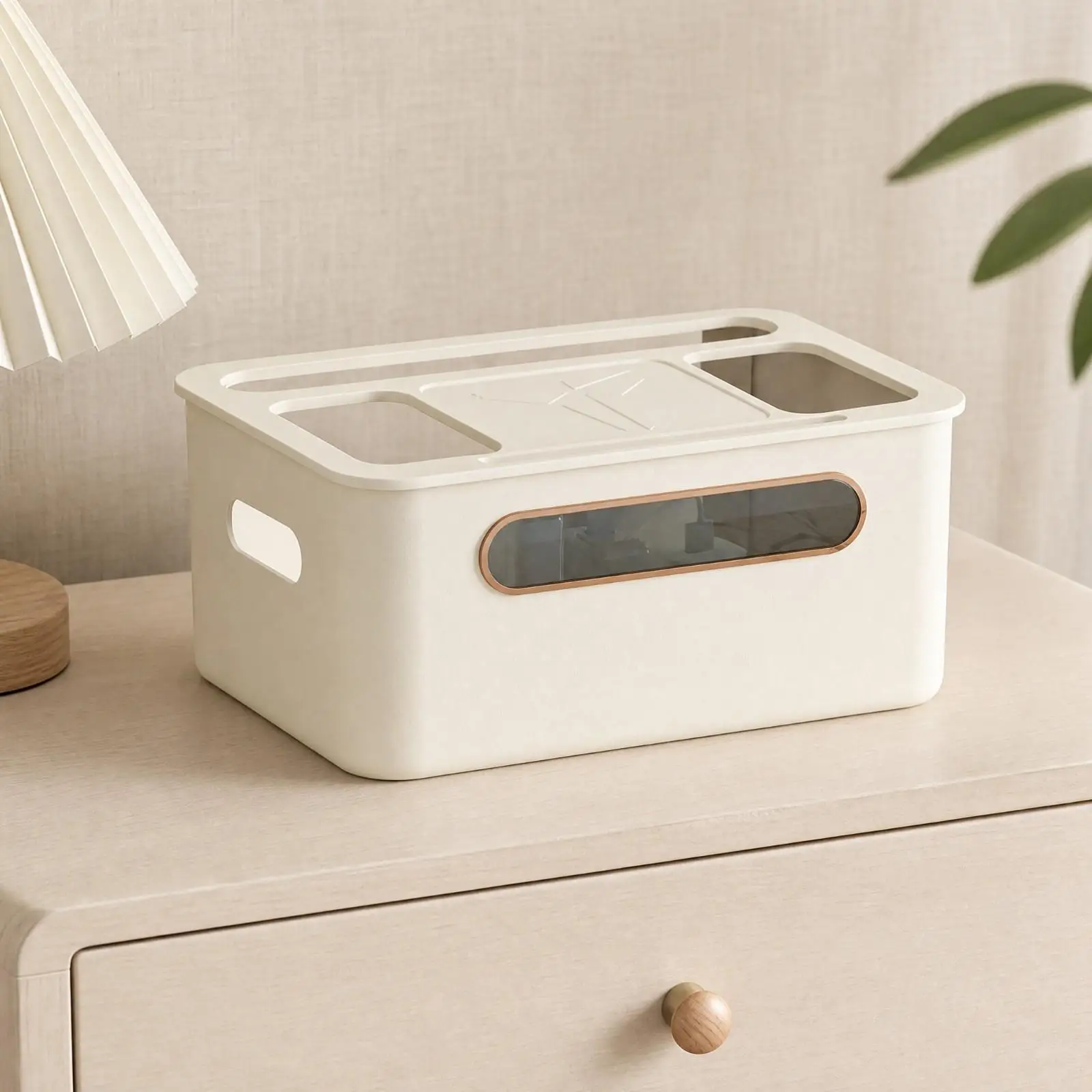 Stackable Router Storage Box with Hinged Lid for Set Top Box and Cable Management for Home Media Center