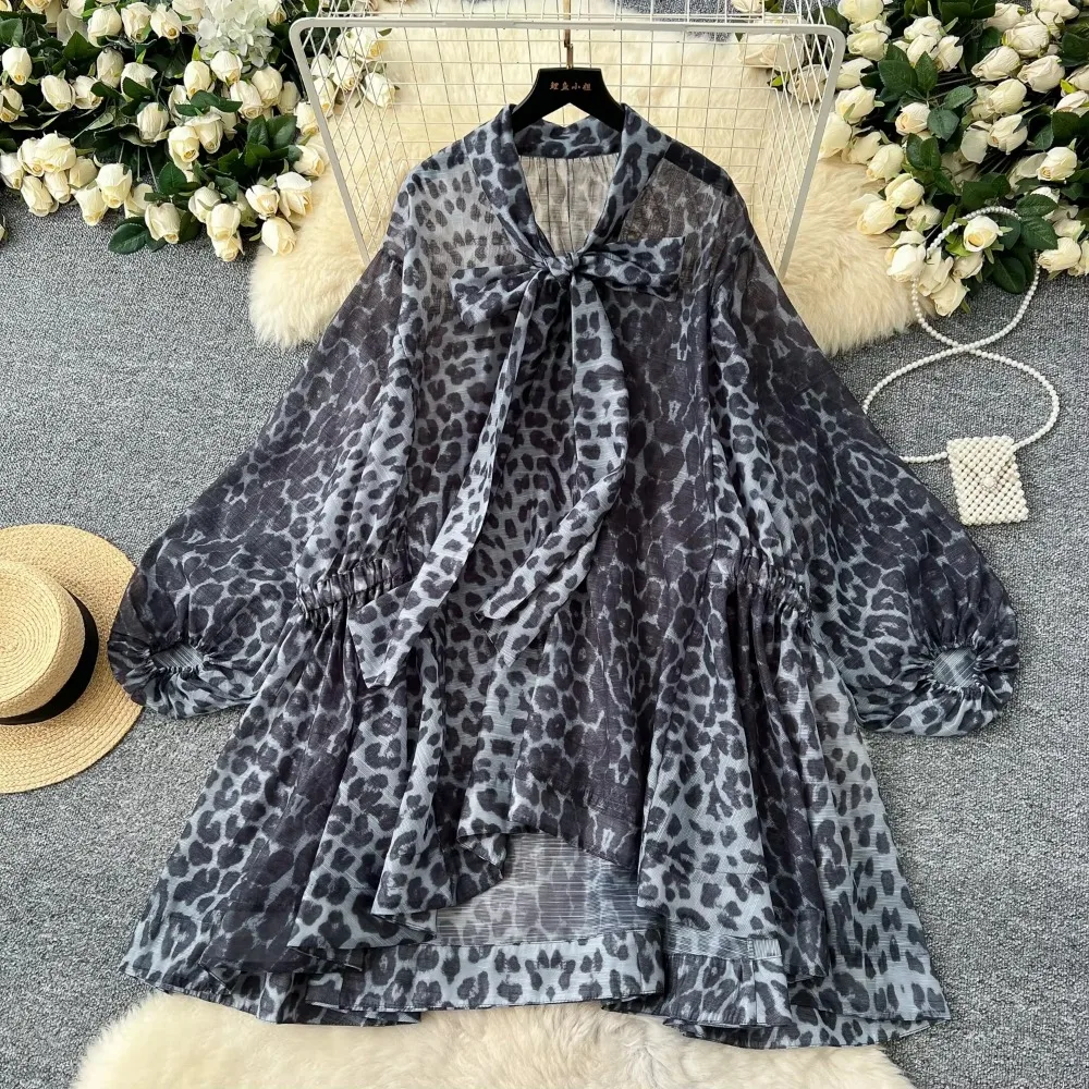 Elegant Butterfly Bow Lace-up Leopard Print Vintage Lantern Sleeves Loose Dresses Fashion Vacation High Street Spring Clothing