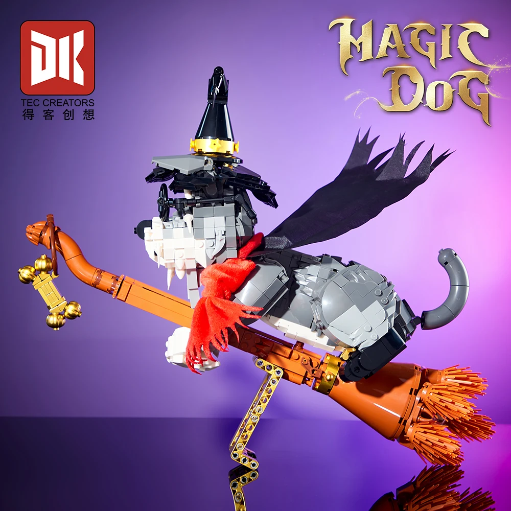Deke 7057 Fantasy World Magic Dog Schnauzer Creative Animal Model Lighting Magic Broom Ornaments Building Blocks Toys
