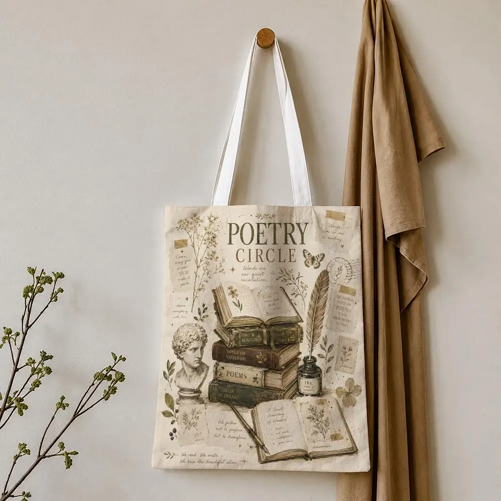 Vintage Literary Botanical Collage Storage Bags Tote Bag Reusable Shoulder Shopping Foldable For School Work Travel Daily Use