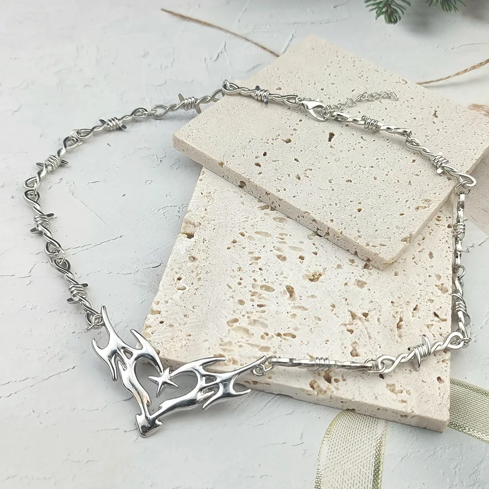 Cross Flame Heart Choker, punk jewelry, Gothic accessories, Y2k, thorns, barbed wire, hippie, Flame Heart Charm