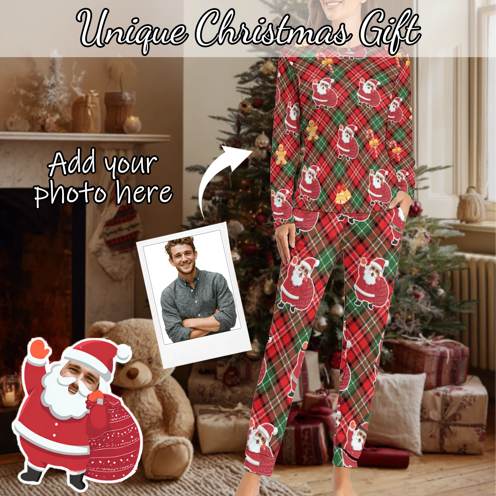 

Custom Women Pajamas with Face homewear Custom Women long Sleeve Pajama Set Personalized Christmas gift family couple pet