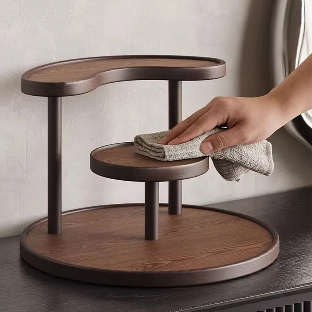3 Tier Vanity Organizer Acrylic Tier Round Base Cosmetic Storage Rack Multi Layer Structure Wood Grain Finish