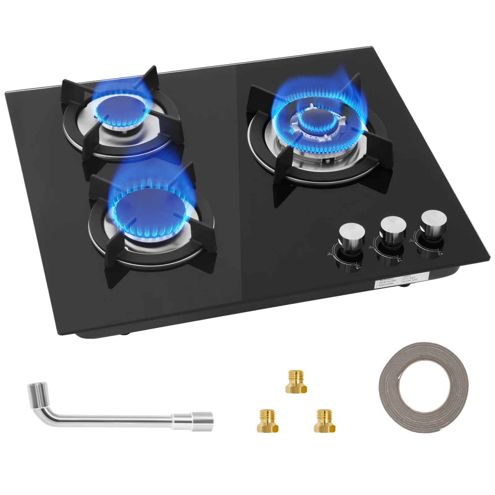 Placa de gas empotrada con 3 luces negras, apta para gas natural y propano, encendido automático, termocoplador de seguridad, I