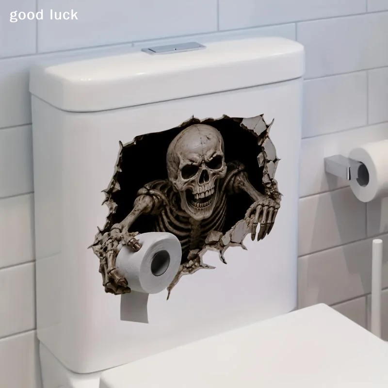 Broken Wall Skeleton Holding Toilet Paper Toilet Tank Sticker Self-Adhesive Removable PVC Spooky Skull Bathroom Decal Wall Deco