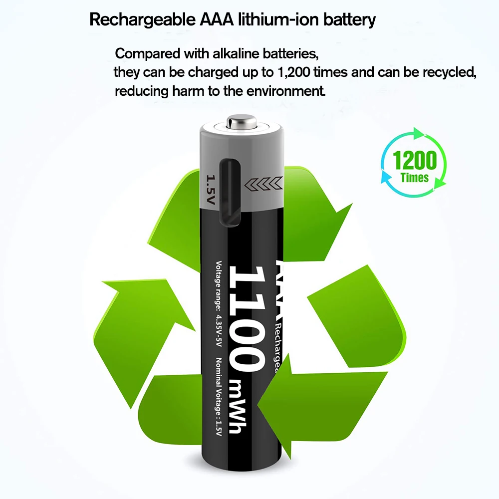 Kuugro 1.5V AAA USB Li-ion Rechargeable Battery Aaa 1.5V 1100mWh Lithium Batteries with 4-in-1 Cable for Toys Camera Flashlight