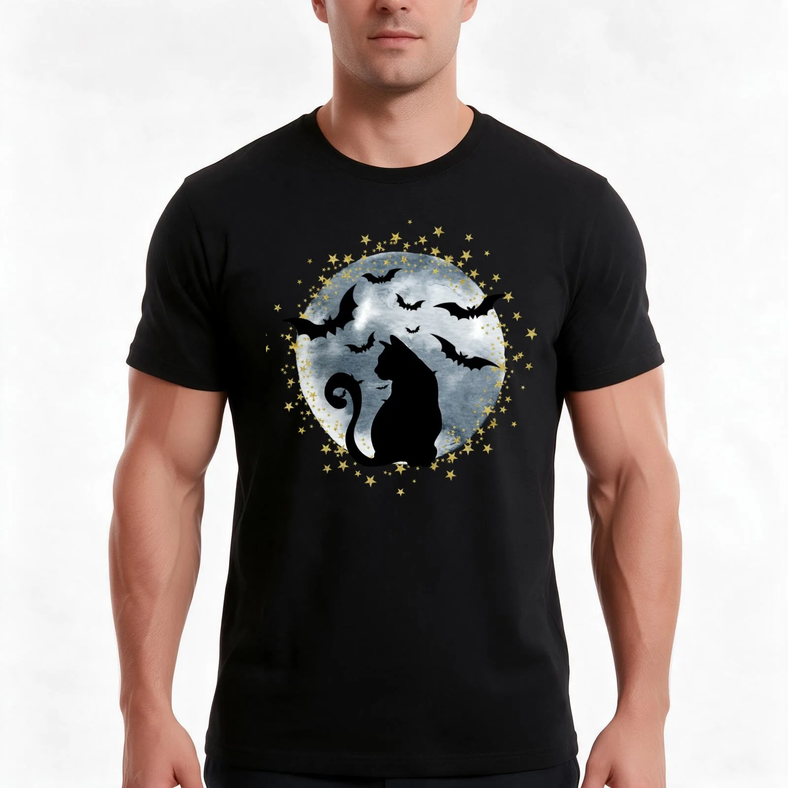Stunning Black Cat and Bats against the Full Moon with Golden Stars graphic T-Shirt Summer Casual Cotton Tee Unisex Men Women