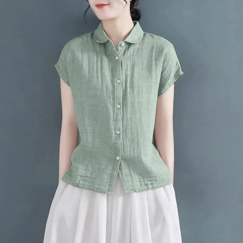 

Women's Cotton Linen Shirt 2026 Summer Casual Blouse Short Sleeve Solid Color Oversized Top Artistic j262