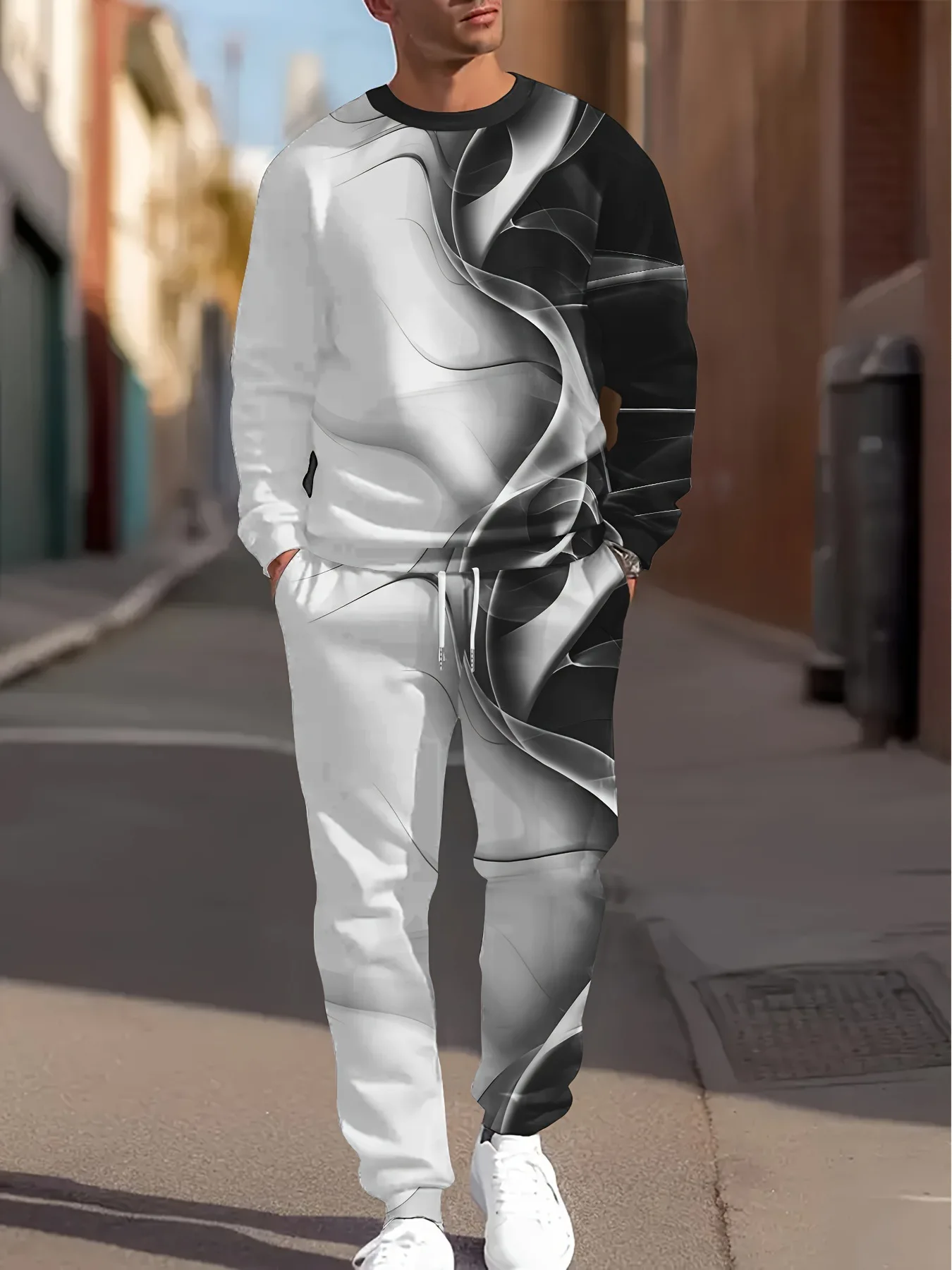 2026 Frühling Herbst Herren Rundhals 3D-Buchstaben-Print Zweiteiliger Hoodie-Trainingsanzug Weich Bequem Locker Streetwear Alltag Lässig Co-Ord M – Detail 10