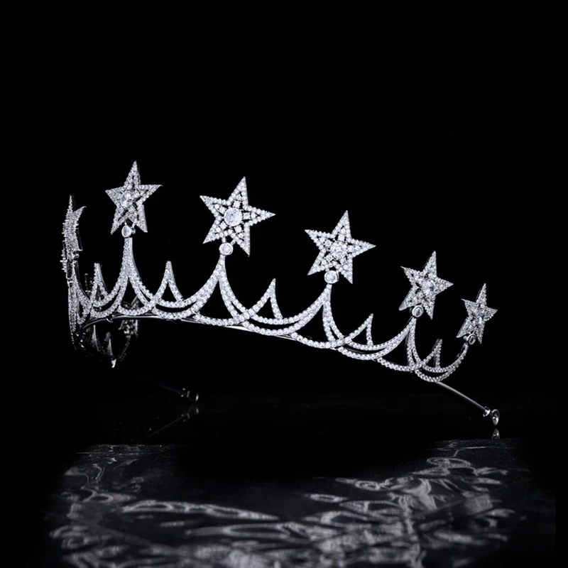 Himstory Luxury Celebrity Style Hair Accessories Wedding Tiara Vintage Crown Moon Star Cubic Zircon  Hairband Accessories