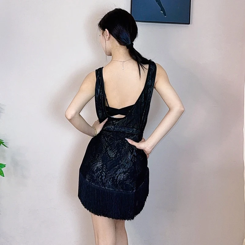 

customized Latin dancer suit adult double layered mesh backless cover shirt tassel dress practice outfit latin dance dress women