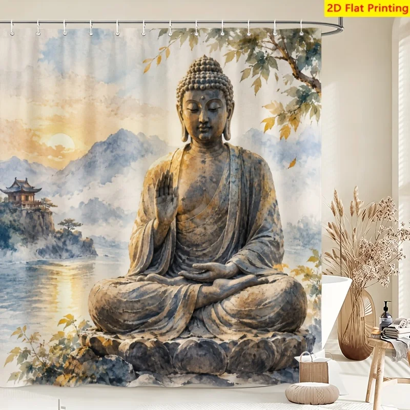 Serene Buddha Statue Meditation Scene Shower Curtain Waterproof Bathroom Decor Spiritual Zen Art Print
