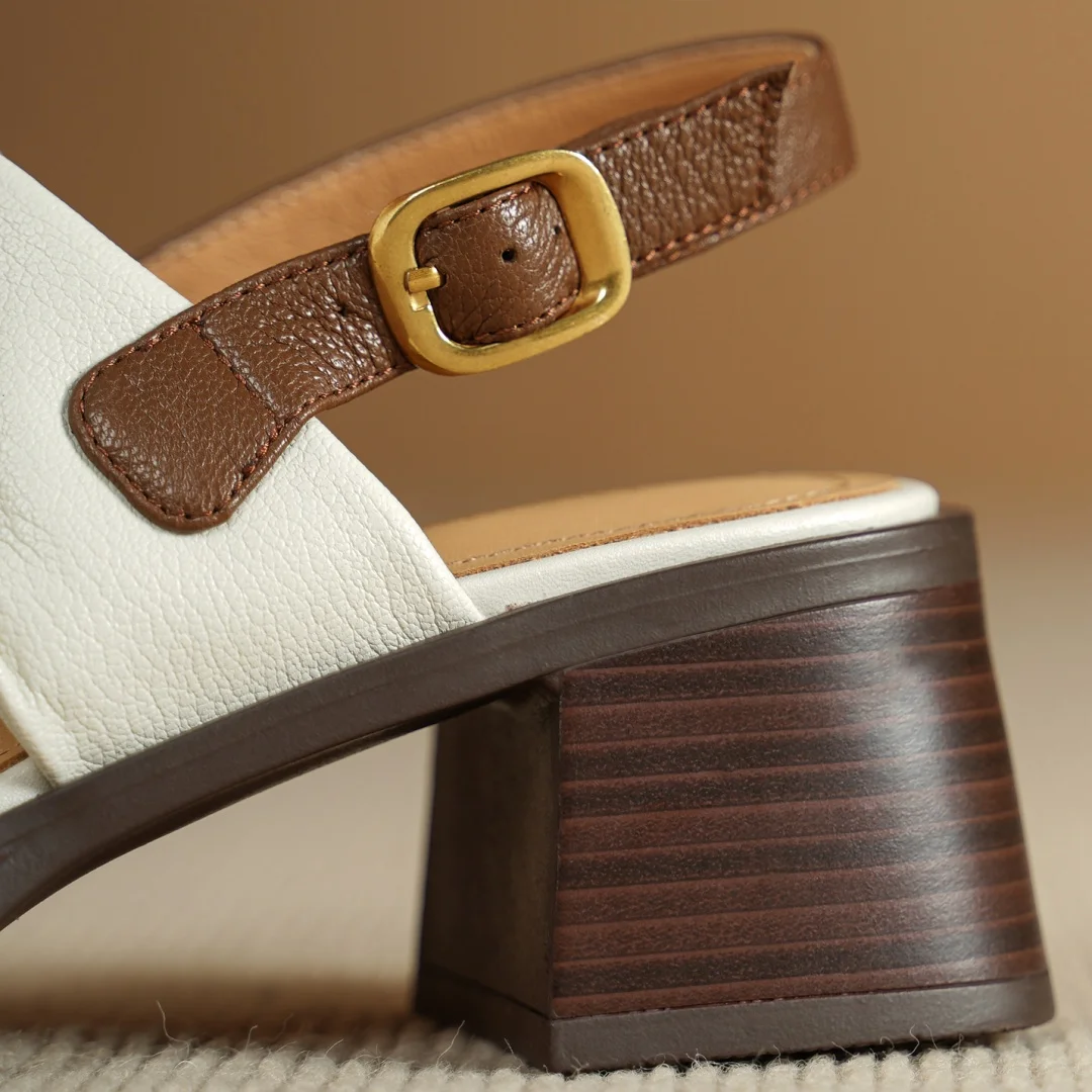 Women's genuine leather narrow band fold mix color patchwork open toe sandals 6cm chunky heel platform female OL summer shoes - Image 4