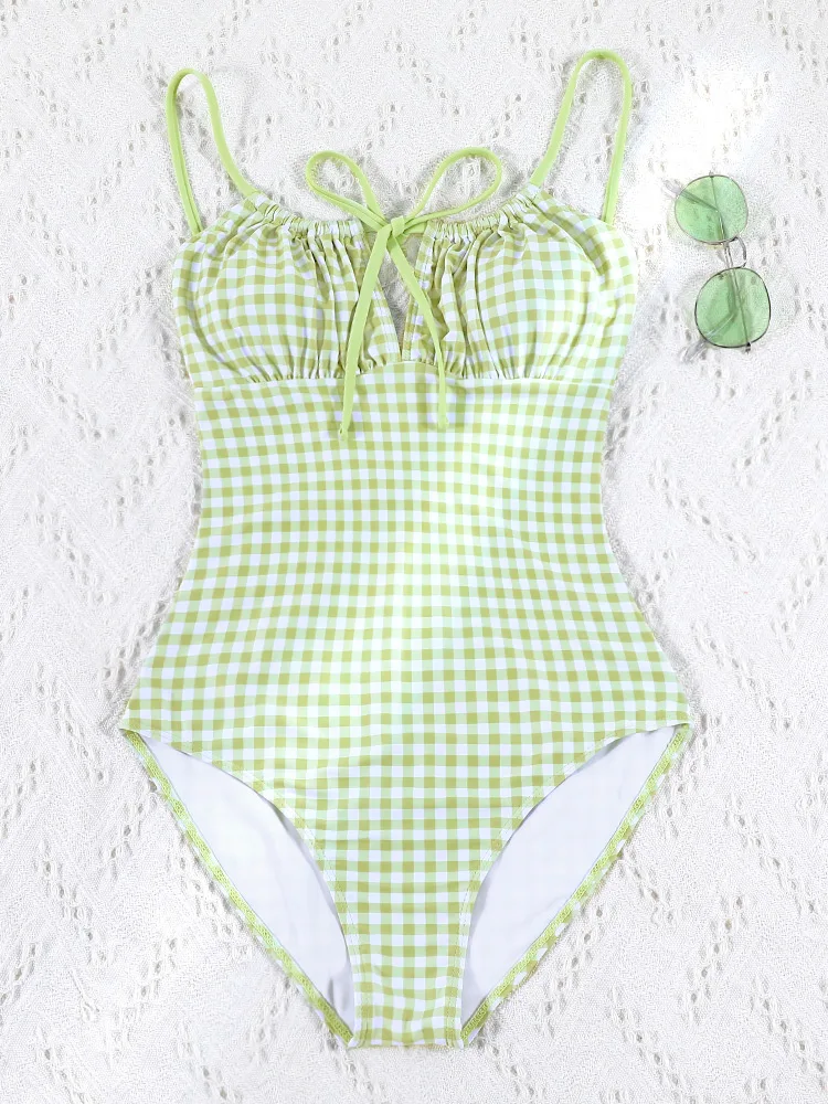 Miyouj String Eendelig Pak Bandage Badmode Dames Badpak Plaid Print Badpak Sexy Zwemkleding Strand Monokini Zomer