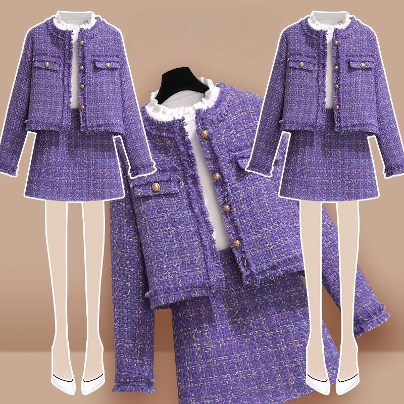 紫色の小さな香りのよいスタイルのスーツスカート 秋冬新作 気質通勤 セレブ インターネットセレブ ツーピースセット