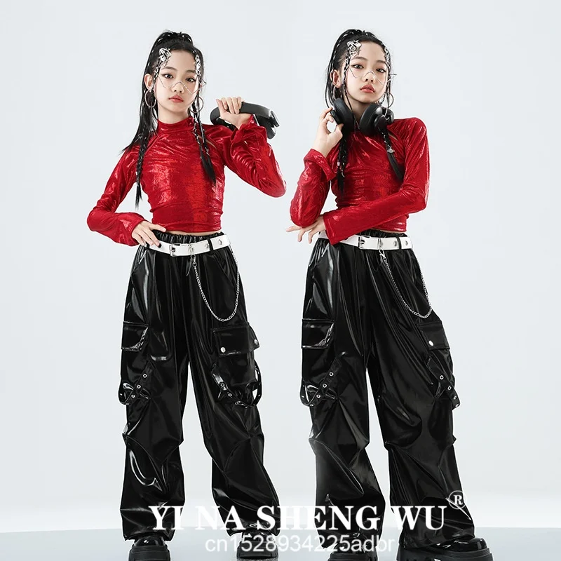 Novas crianças roupas de dança de rua meninas hip hop outfits vermelho topos calças pretas jazz desempenho roupas grupo competição wear