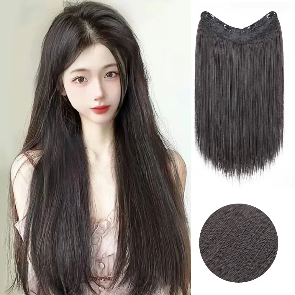 ALXNAN HAIR-Extensões sintéticas em forma de V, alta resistência, fibra de temperatura, preto, peruca castanha, 50cm