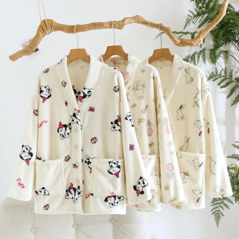 Women Cartoon Flannel Top Homewear Thicken Soft Jacket Casual Pocket Loungewear Sleepwear Winter New Thick Home Clothes Coat