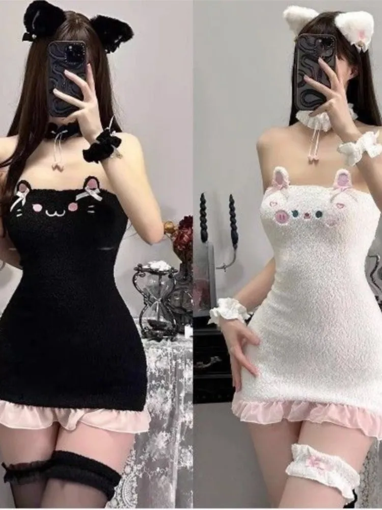 Jupe moulante en peluche à oreilles de chat, chaton doux noir, lapin doux CP, fesse ronde, MSI mignonne