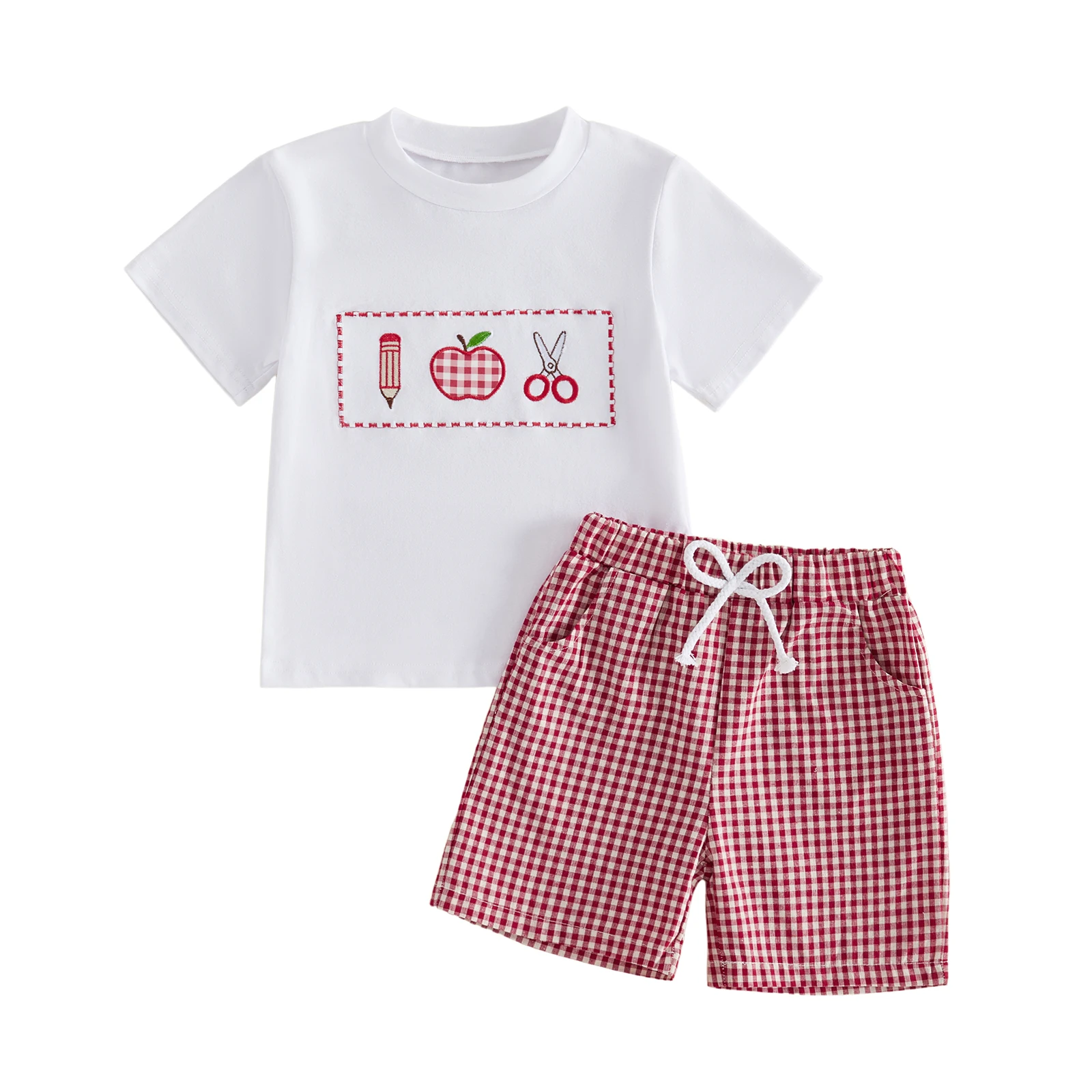 Little Boy Back To School Outfits Apple Pencil Scissors Embroidered Short Sleeve T-shirts and Plaid Shorts 2 Piece Summer Set