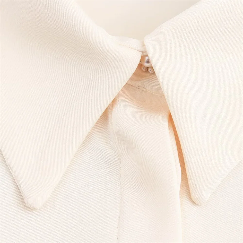 LIBIELIY 2025 Summer New Women's Versatile European And American Style High End Decorated Waist Silk Texture Shirt