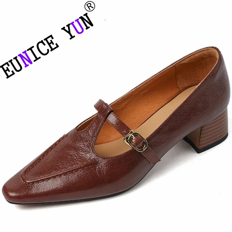 

【EUNICE YUN】Spring Women Genuine Leather Square Toe Chunky Heel Mary Janes Solid Pumps Retro Shallow Shoes 34-40