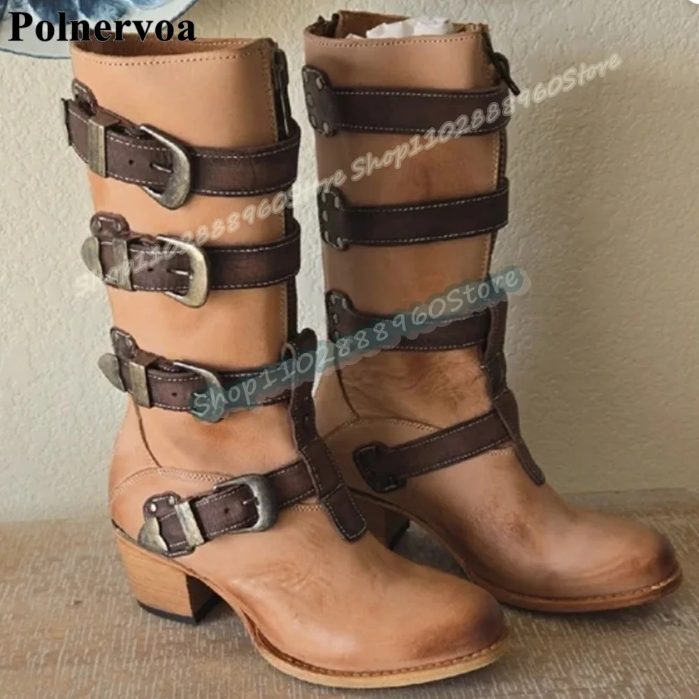 

Mid Calf Brown Buckle Strappy Zipper Boots Thick Heel Shoes For Women Back Zipper Round Toe Fashionable 2026 Zapatos Para Mujer
