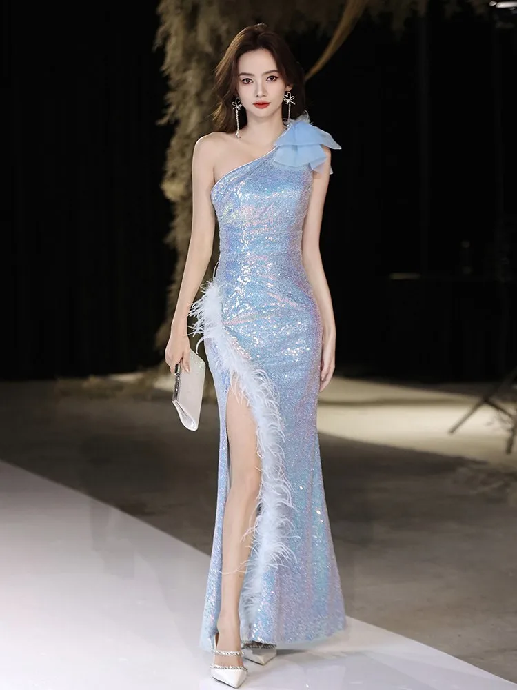 Blue single-shoulder fishtail light luxury and niche adult sequined dress for hosting banquets
