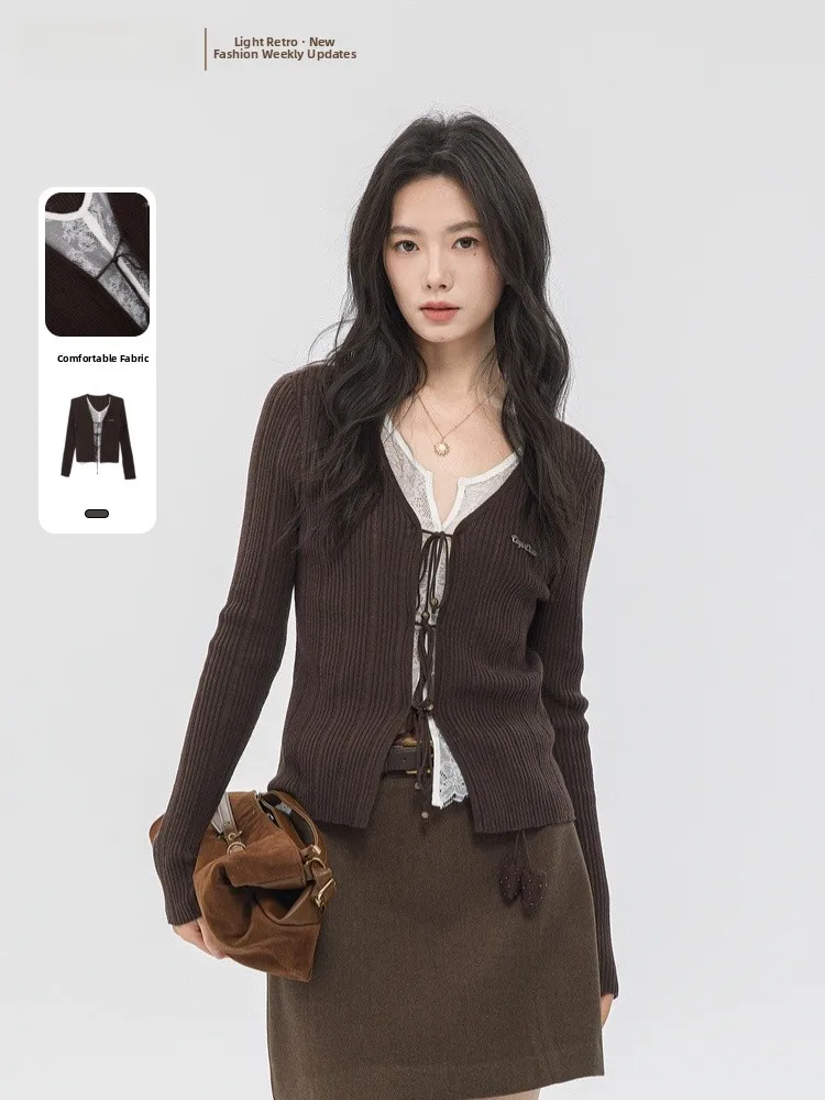 

Женский кардиган Ele с V-образным вырезом и кружевными вставками, универсальный, весна 2026, новинка, коллекция Memory's Starting Point