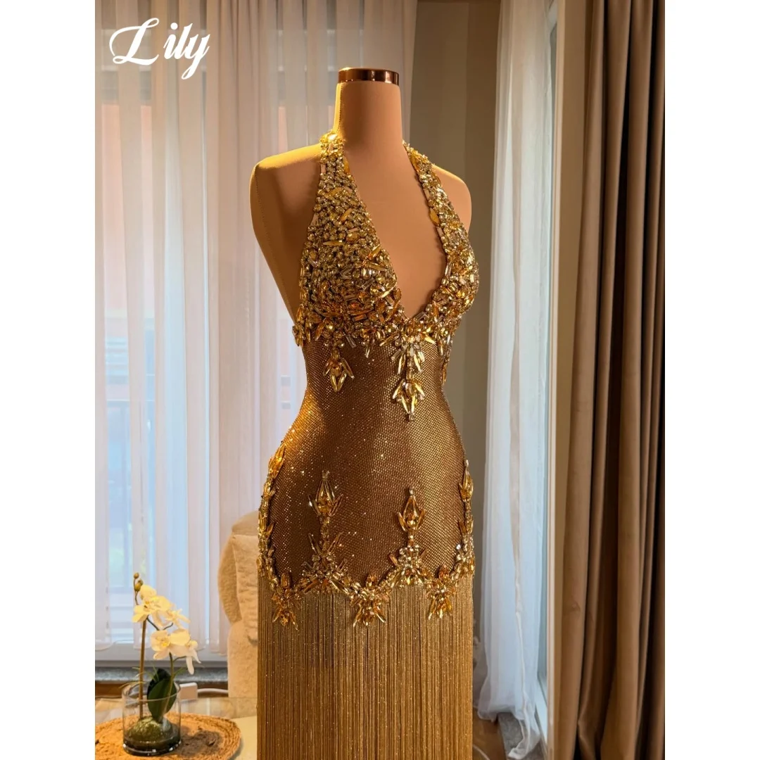 Lily Gold Prom Dress Luxury Heavy Rhinestone Crystal Embellished Evening Dress Long Beaded Fringe Tassel Party Gown Customized image 2