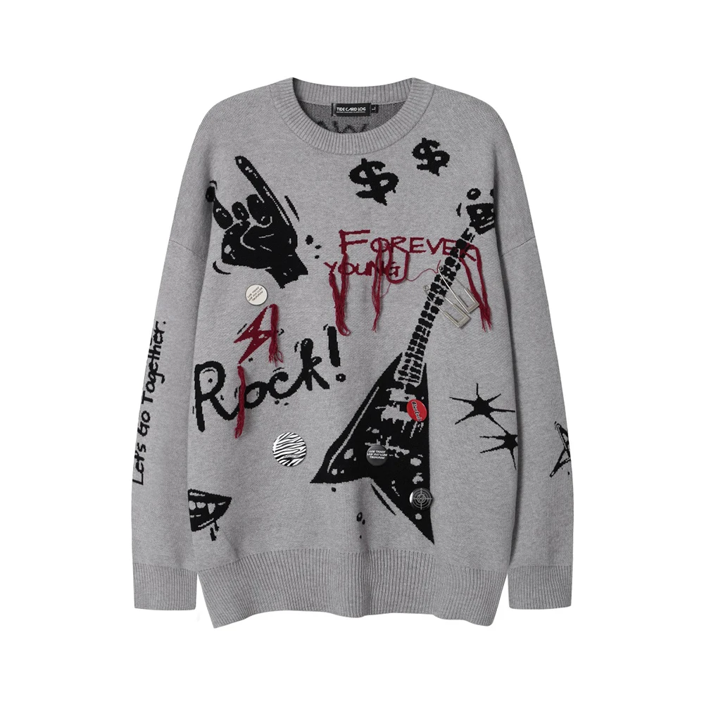 High Street Letter Graffiti Baggy Pullover Sweater for Men and Women Round Neck Black Gray Knitted Wool Sweaters Oversized