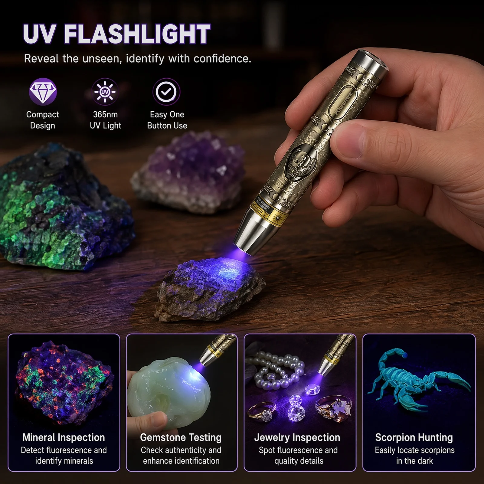 3-in-1 White Yellow Light UV 365nm LED Flashlight Jewelry Jade Gem Ore Amber Pet Stain Tinea Money Scorpion Detection Torch Lamp