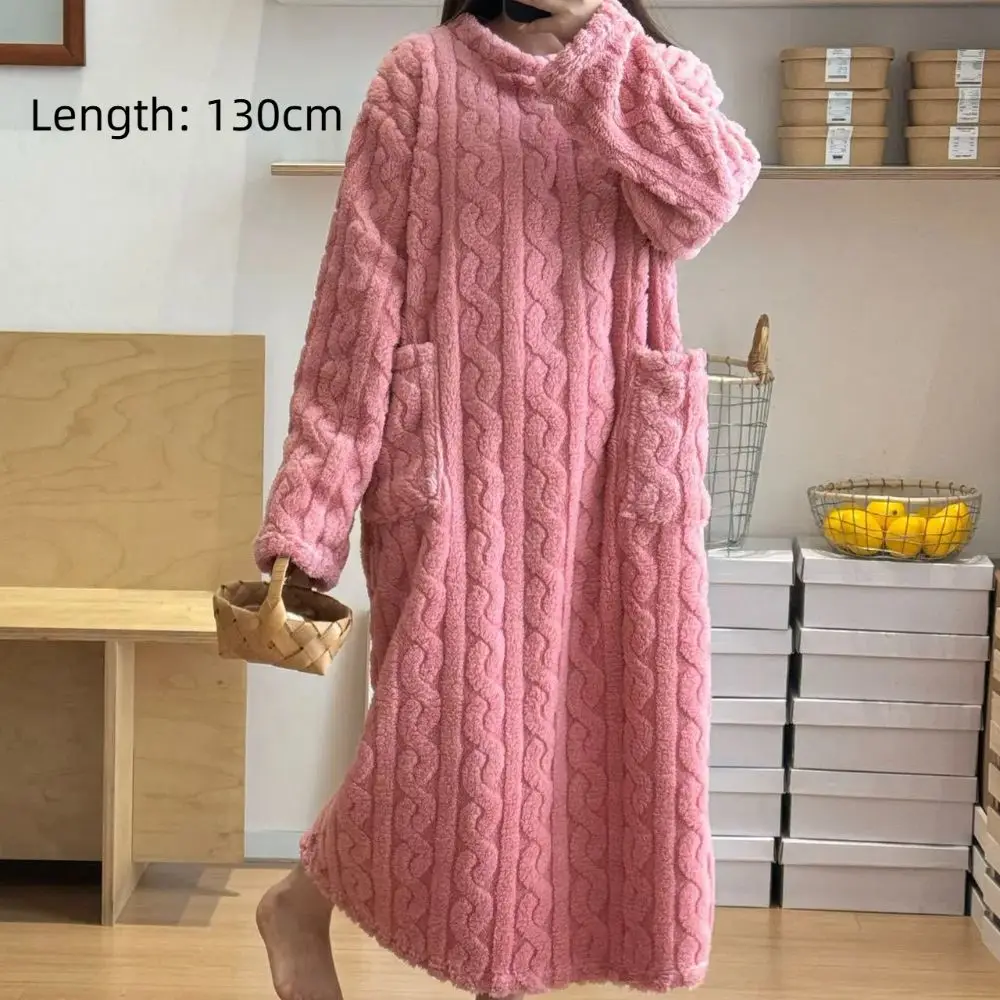 Nieuwe dikker warme zachte nachtjurk koraal fluweel comfort winter nachtkleding dubbele zak effen kleur dames homewear