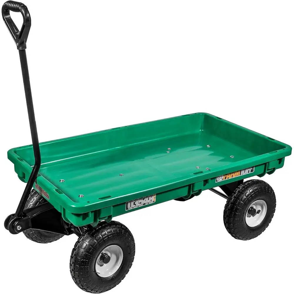 Sturdy Green Plastic Garden Wagon with Pneumatic Tires, 38 x 20 - 300lb Capacity Utility Cart for Yard Work and Gardening