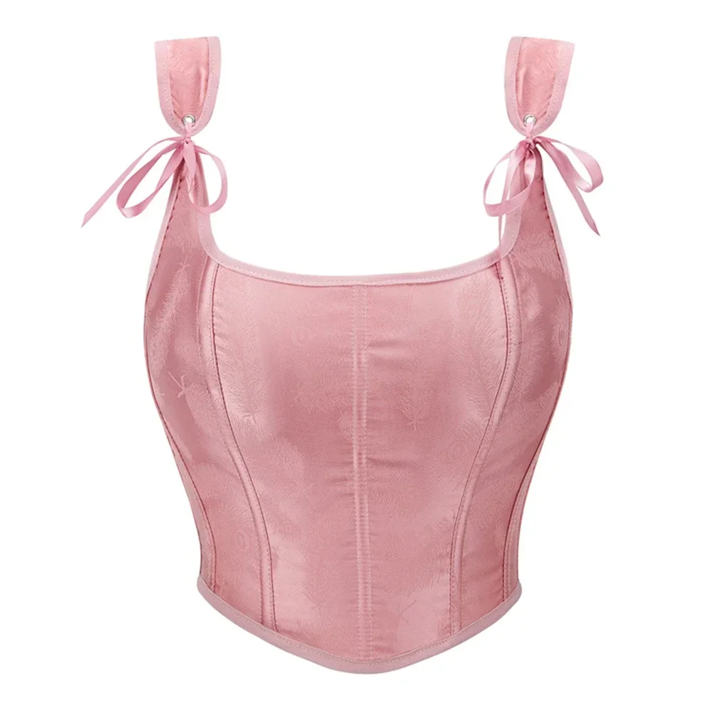 Sexy Women Tube Tops Cropped Vintage Sexy Tank Cute Pink Color Bow Tie Strap Sleeveless Criss Cross Lace-Up Corset Vest