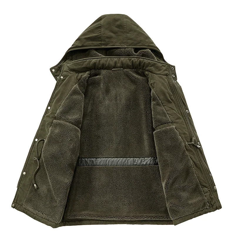 Winter Men Pilot Jacket Fleece Spring Military Full-Zip Removable Hooded Cotton Flight Parka Jacket Fleece Lined Plush Warm Coat