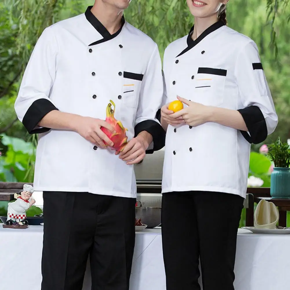 chef-top-soft-stand-collar-long-sleeves-unisex-contrast-color-catering-pocket-hotel-kitchen-cooking-uniform-for-hotel