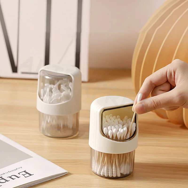 Dustproof Desktop Cotton Swab Storage Box Plastic Toothpick Storage Jar Transparent Cotton Swab Storage Box Rotating With Lid