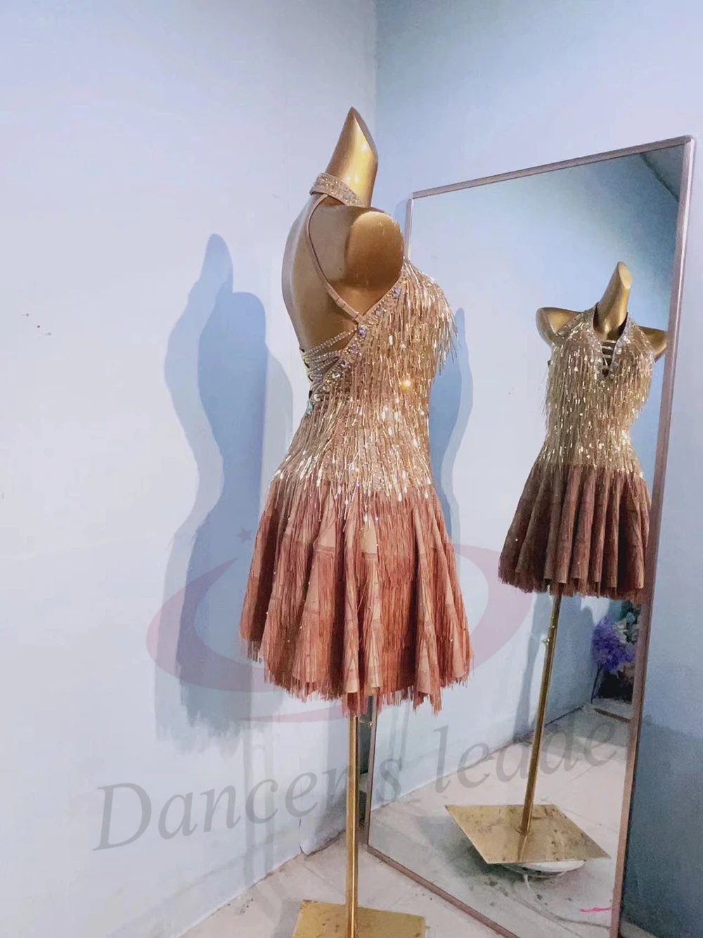 فستان راقص لاتيني للأطفال البالغين عالي الجودة مصنوع من الخرز المعدني وشرابة تانجو سامبا AB Stone Performance