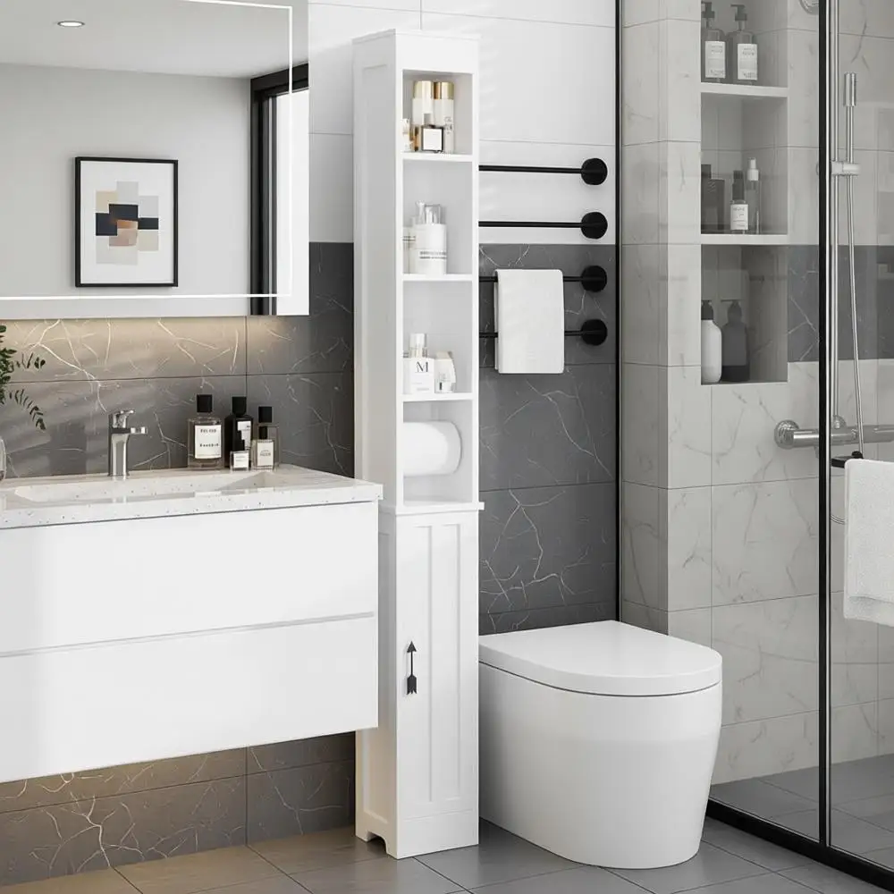 

Narrow Bathroom Storage Cabinet with 3 Adjustable Shelves, 71" Tall Freestanding Cabinet with Toilet Paper Holder, Slim Tower Ca