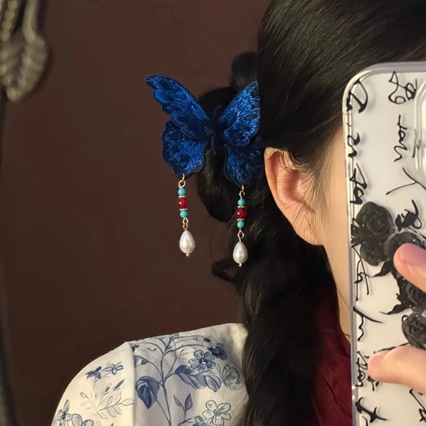 New Chinese-Style Embroidered Blue Butterfly Tassel Hairpin, Ancient Style Side Clip Hairpin, Headpiece, Hanfu Qipao Accessory