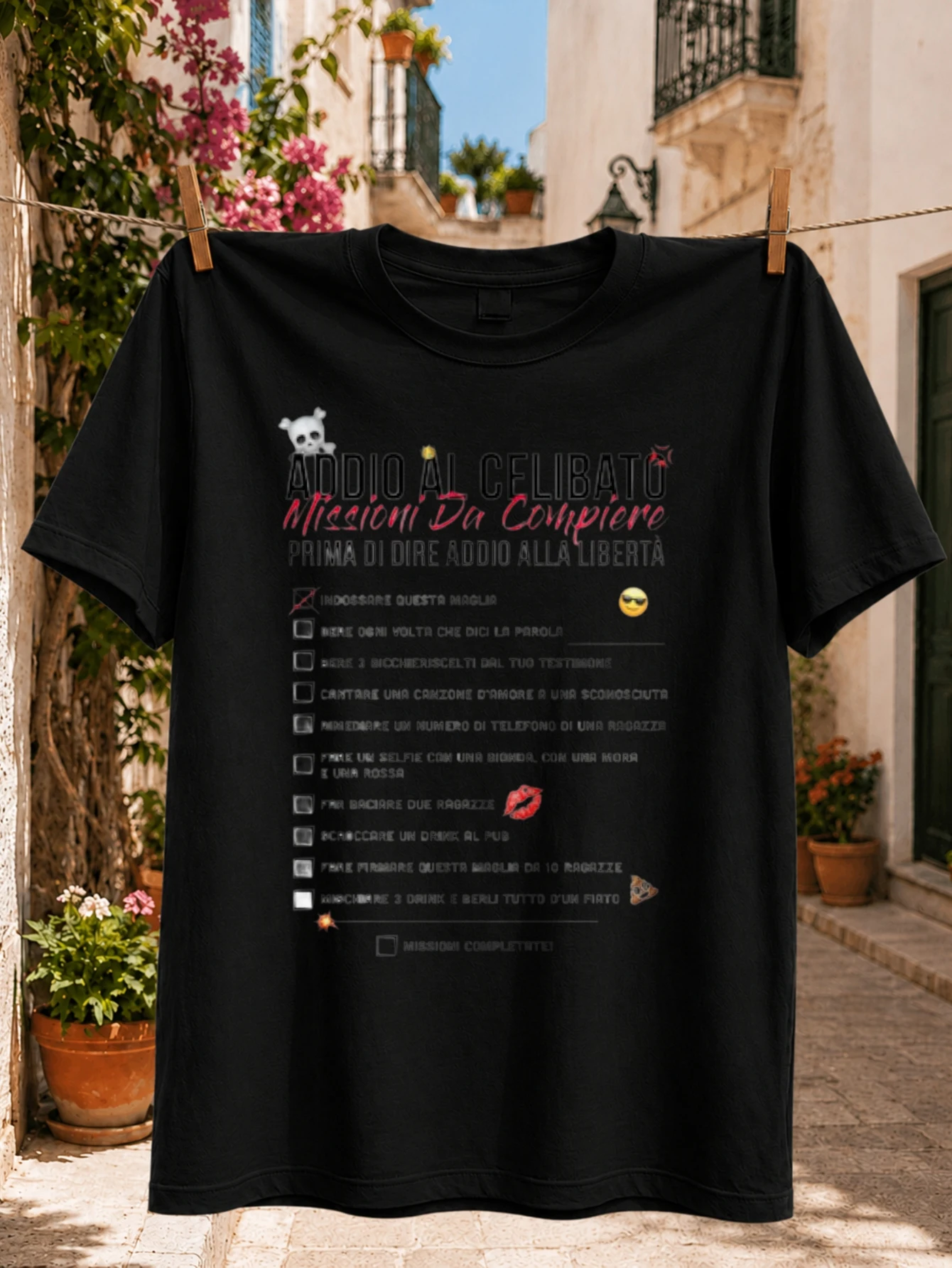 Farewell to Bachelorhood Mission Graphic Italian party challenge checklist with lipstick drinks and  Unisex All T-Shirt
