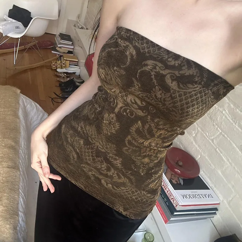 

Spring and summer new retro hook and flower print sexy off shoulder strapless women's versatile wearing top